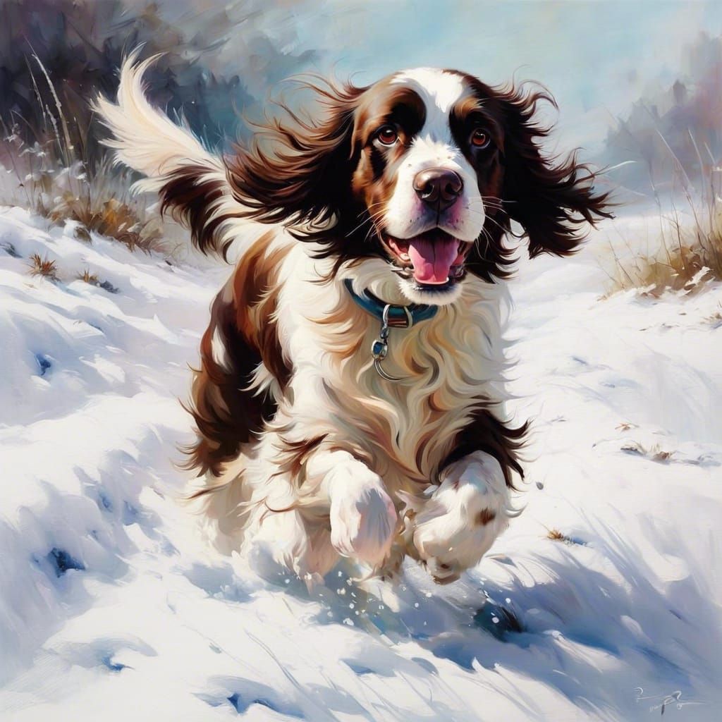 Joyful Springer Spaniel Runs Through Snowy Meadow