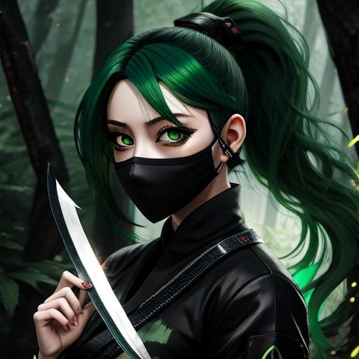 Anime Ninja Girl with Green Hair Digital Art