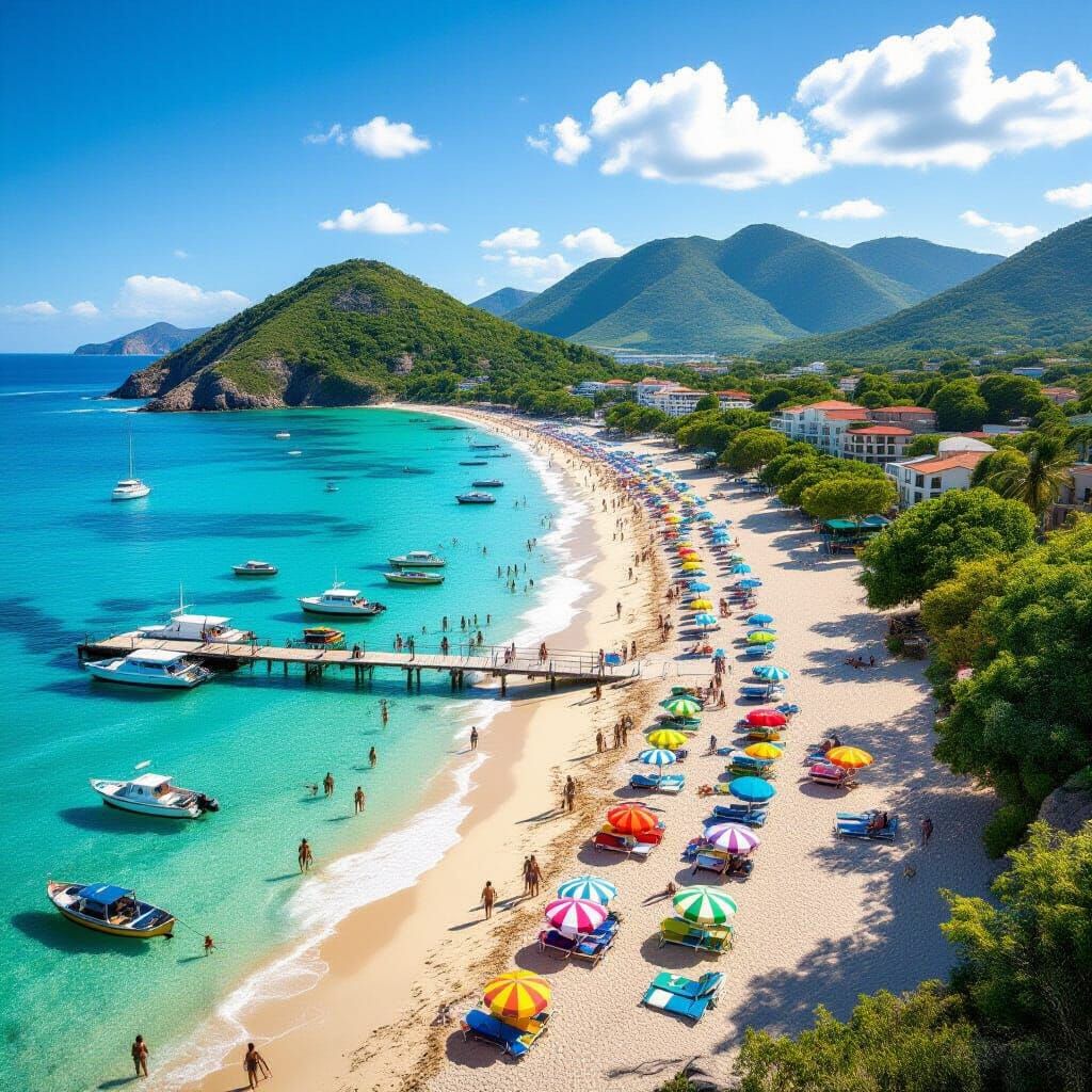 Lively Summer Beach Scene with Fishing Pier