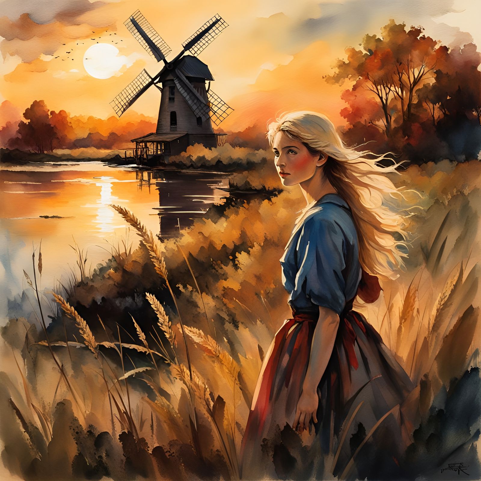 Dutch Woman and Windmill in Ink Painting Style