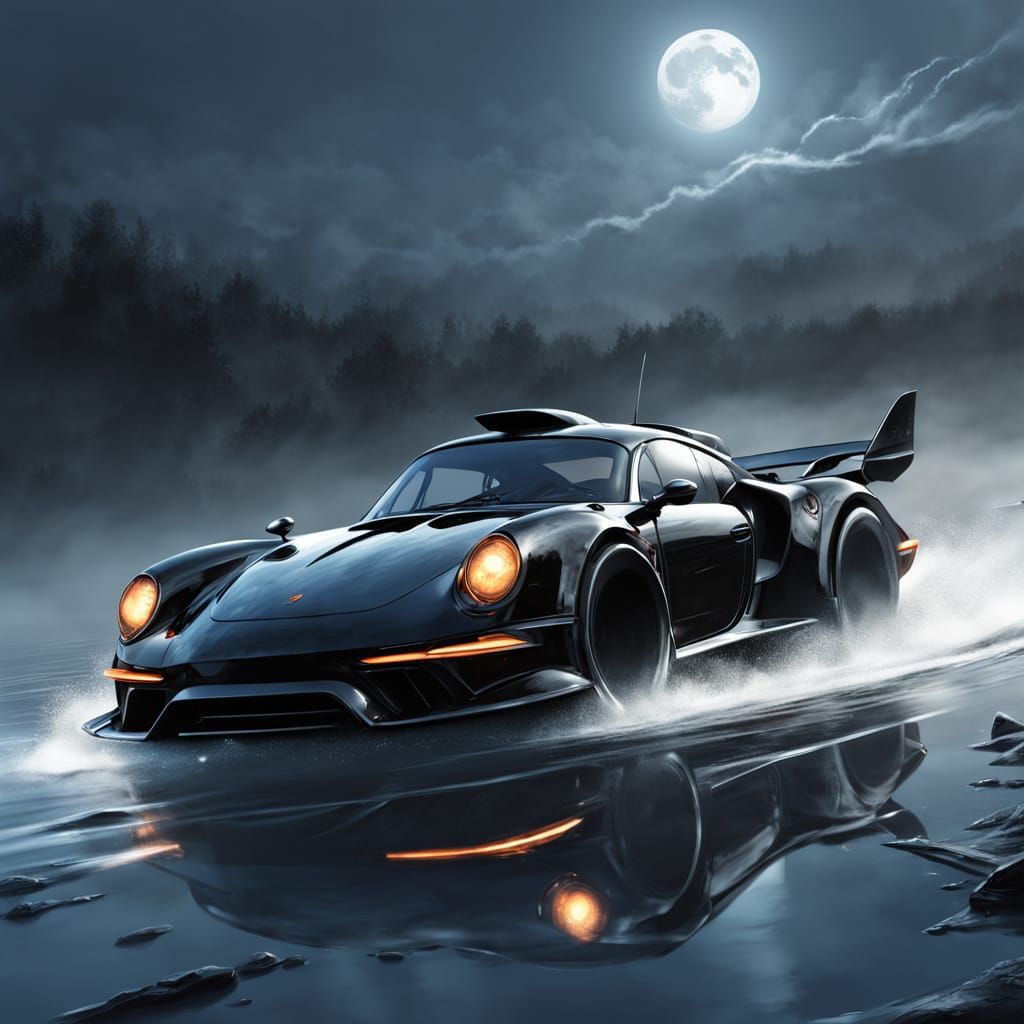 Sleek, Black Amphibious Sports Car Speeds Across Moonlit Lak...