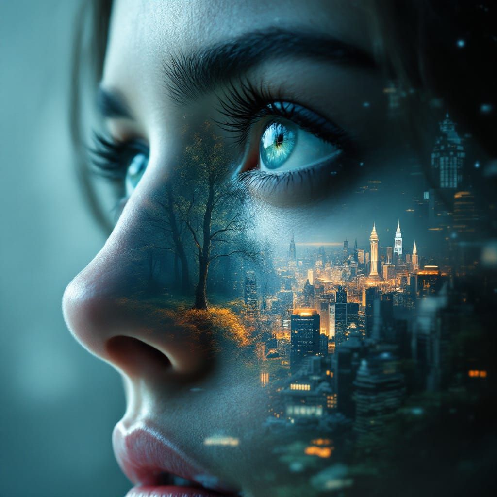 Woman's Face Double Exposure: Forest Meets Futuristic City