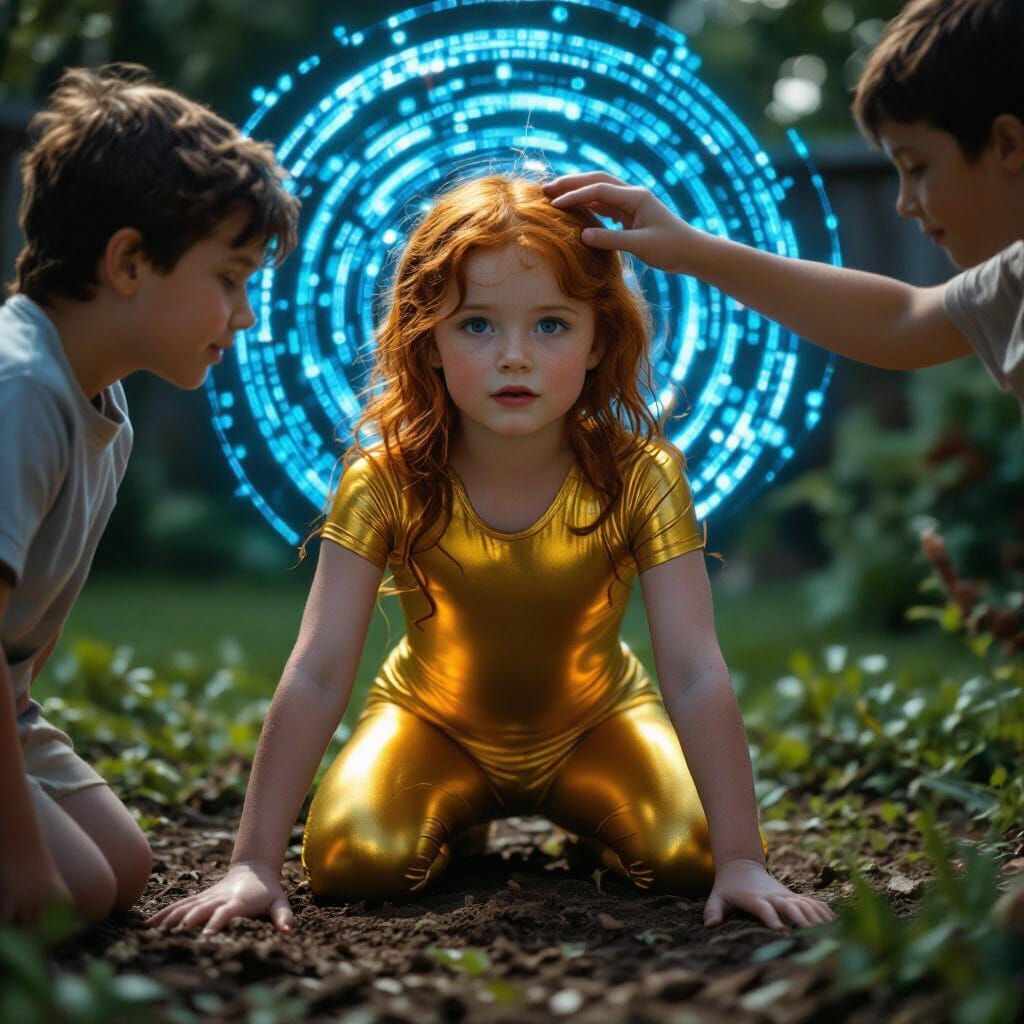 Redhead Girl Mesmerized by Spirals in Cinematic Style