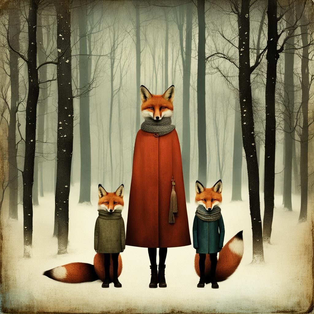 Fox Family in Woods, Fairytale Art
