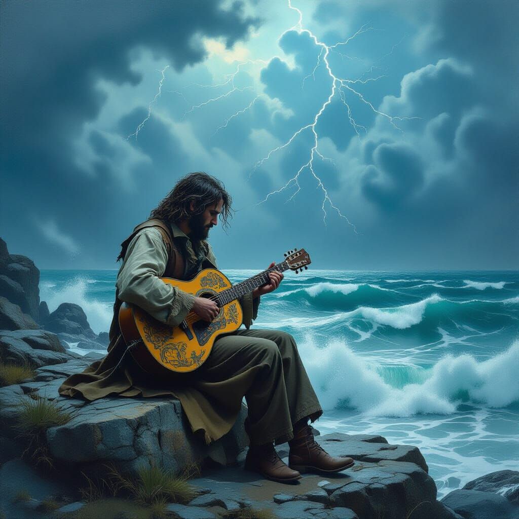Gothic Guitarist Overlooking Stormy Sea