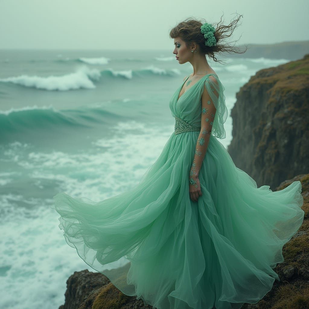 Hyperrealistic Portrait of a Trans Woman on a Stormy Cliff