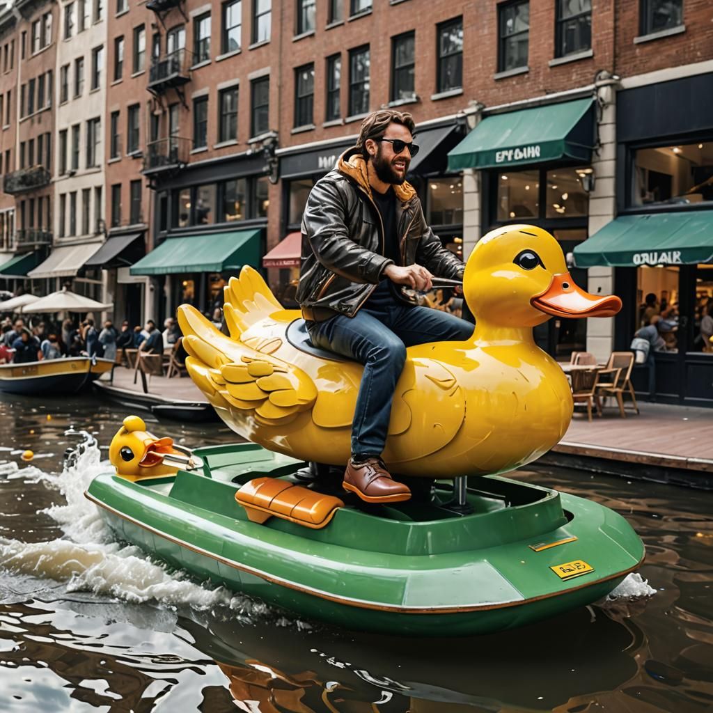 Man Rides Duck-Shaped Pedal Boat: Hyperrealistic Concept Art