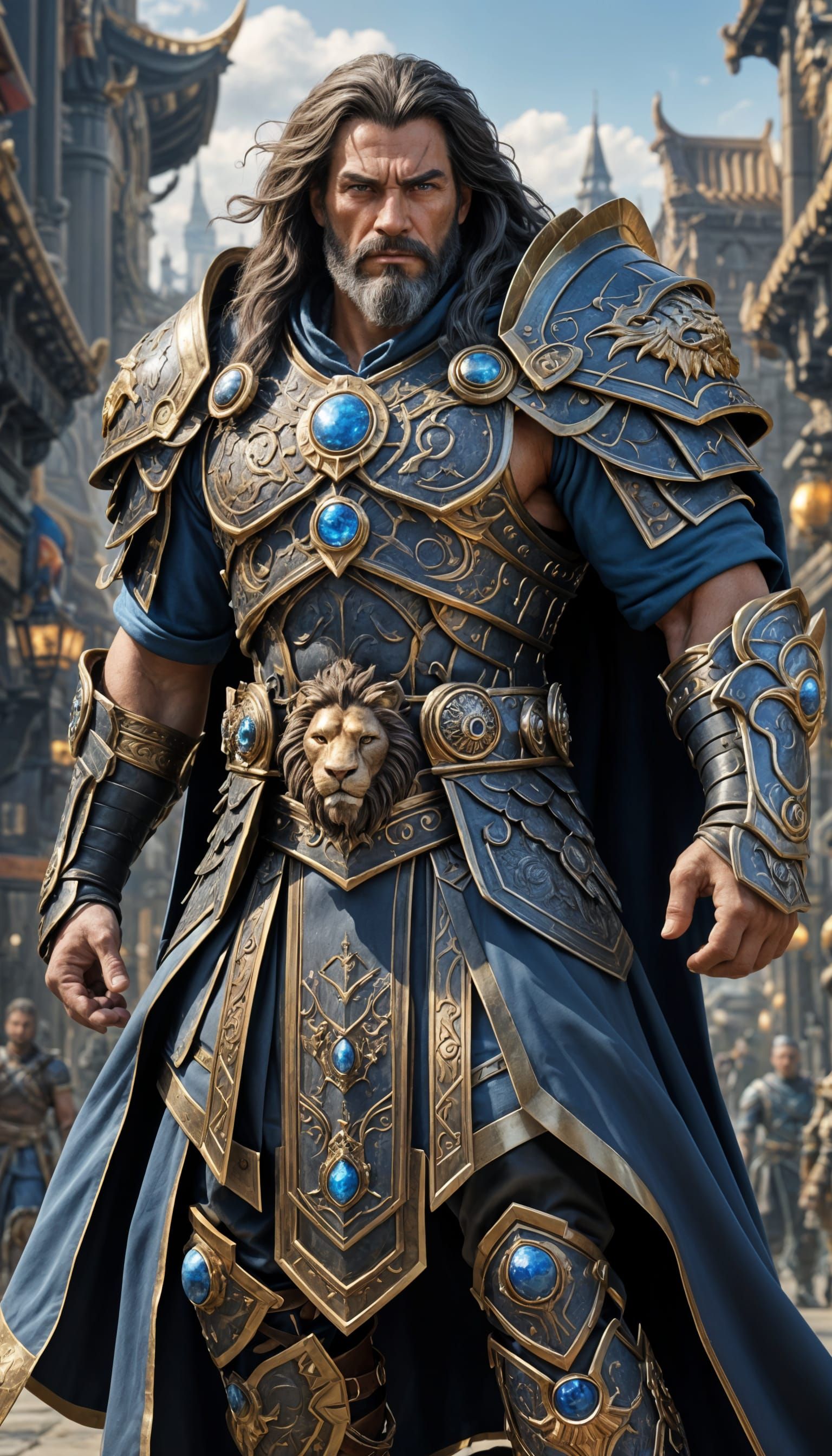 Elder Warrior in Majestic Armor, Fantasy Cityscape