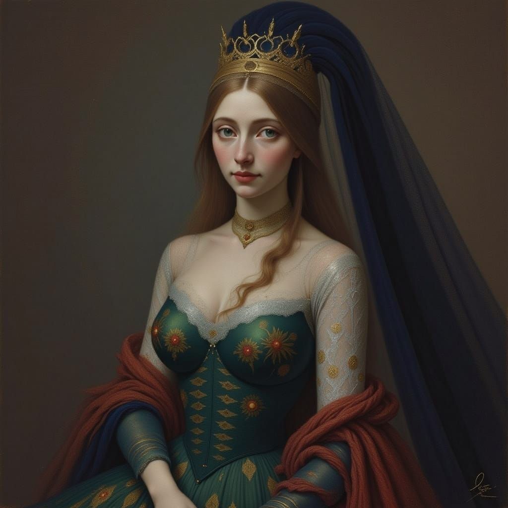 Elegant Woman in Lavish 19th-Century Attire, in a Baroque-In...