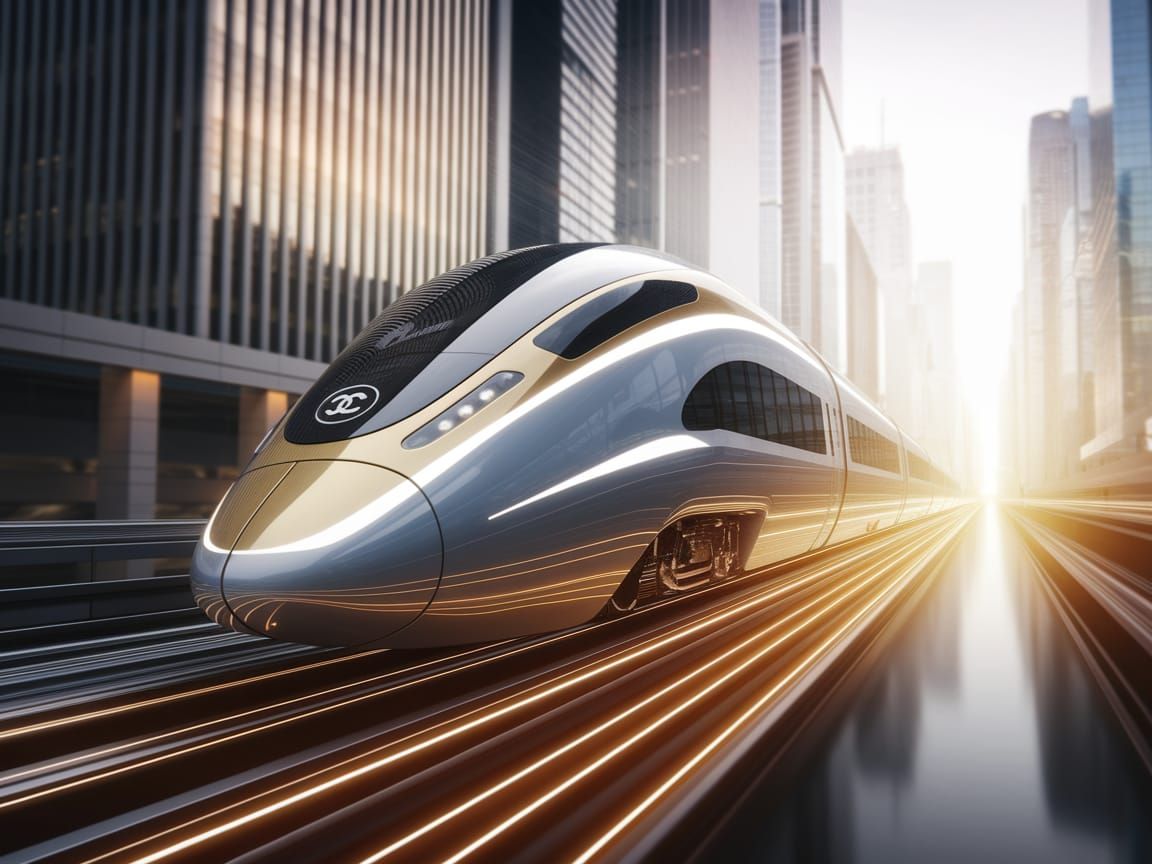 Futuristic Gold Bullet Train in Cityscape