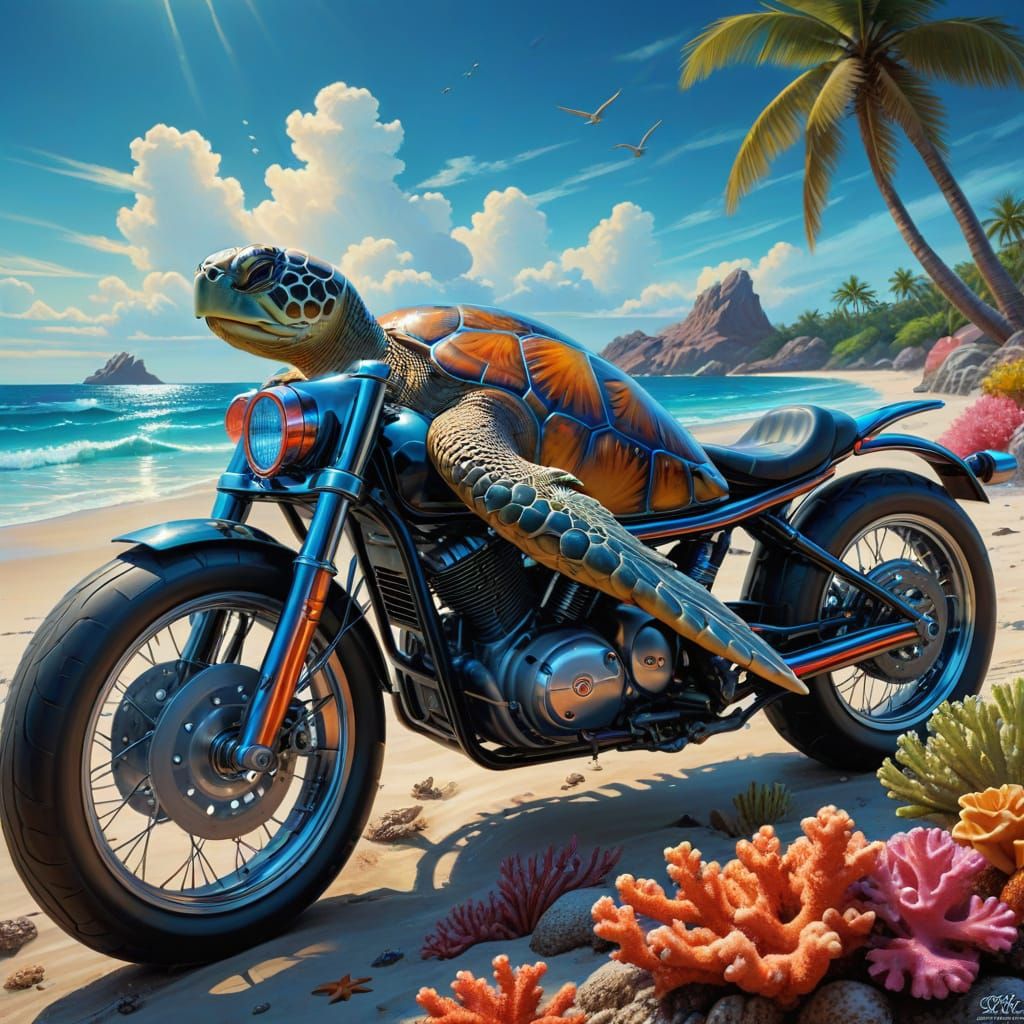 Surreal Turtle Rides Motorcycle Through Coral Reef