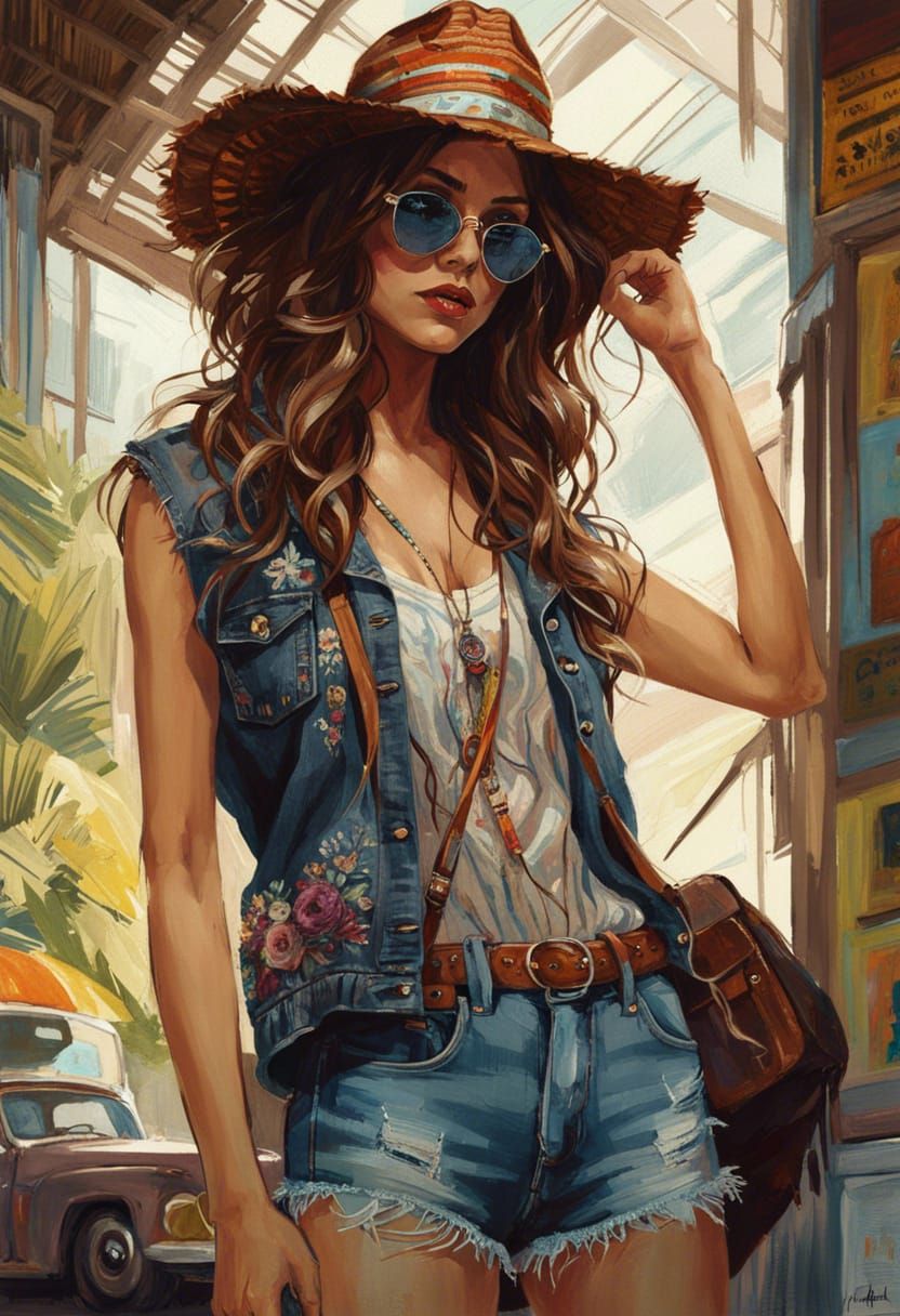 Trendy Hipster Girl with Wavy Hair in HDR