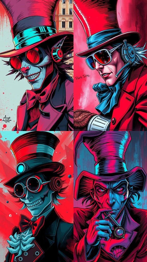 Mad Hatter as Cyberpunk Android in Vibrant Red and Cyan