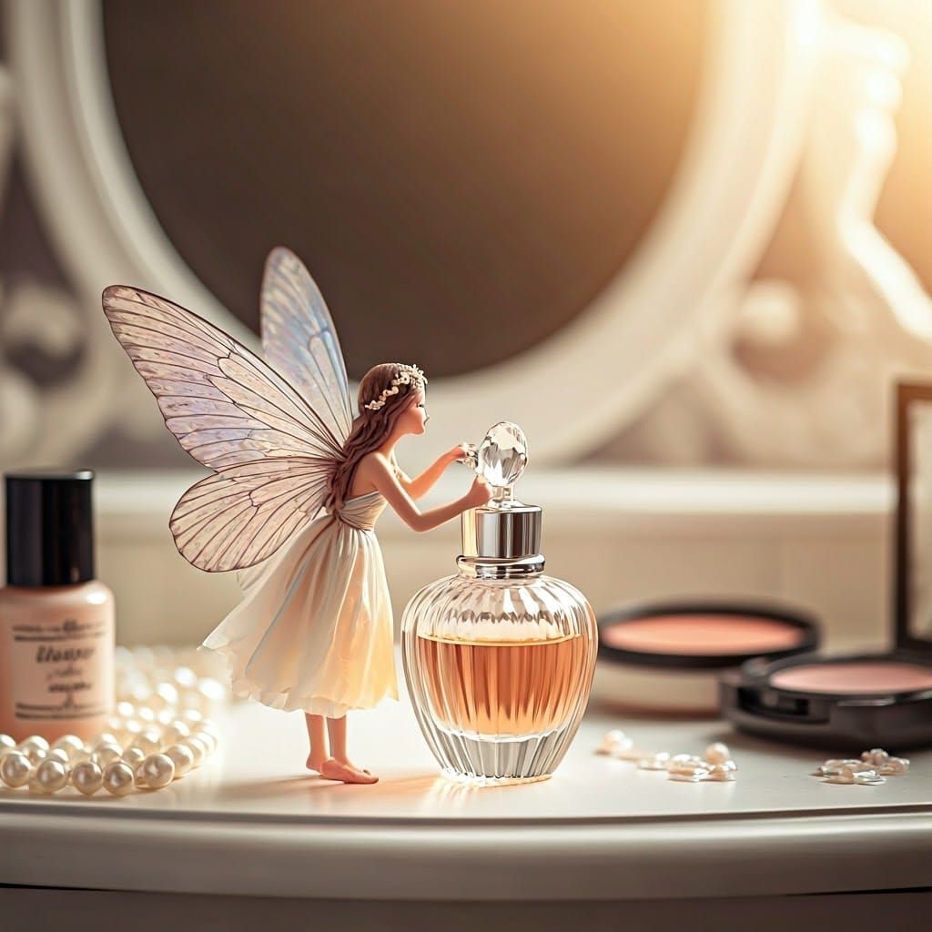 Miniature Fairy Opens Perfume Bottle: Macro Photography