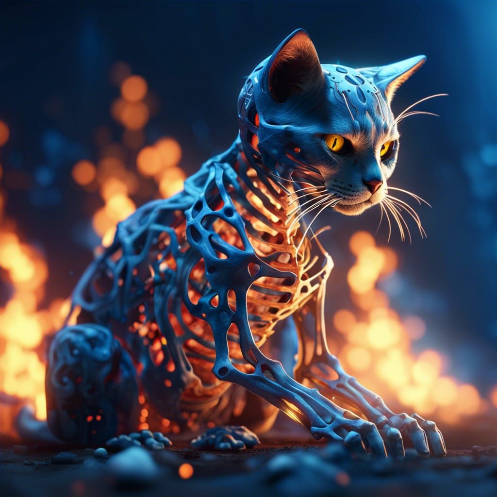 Fiery Cat Skeleton on Cosmic Blue Background