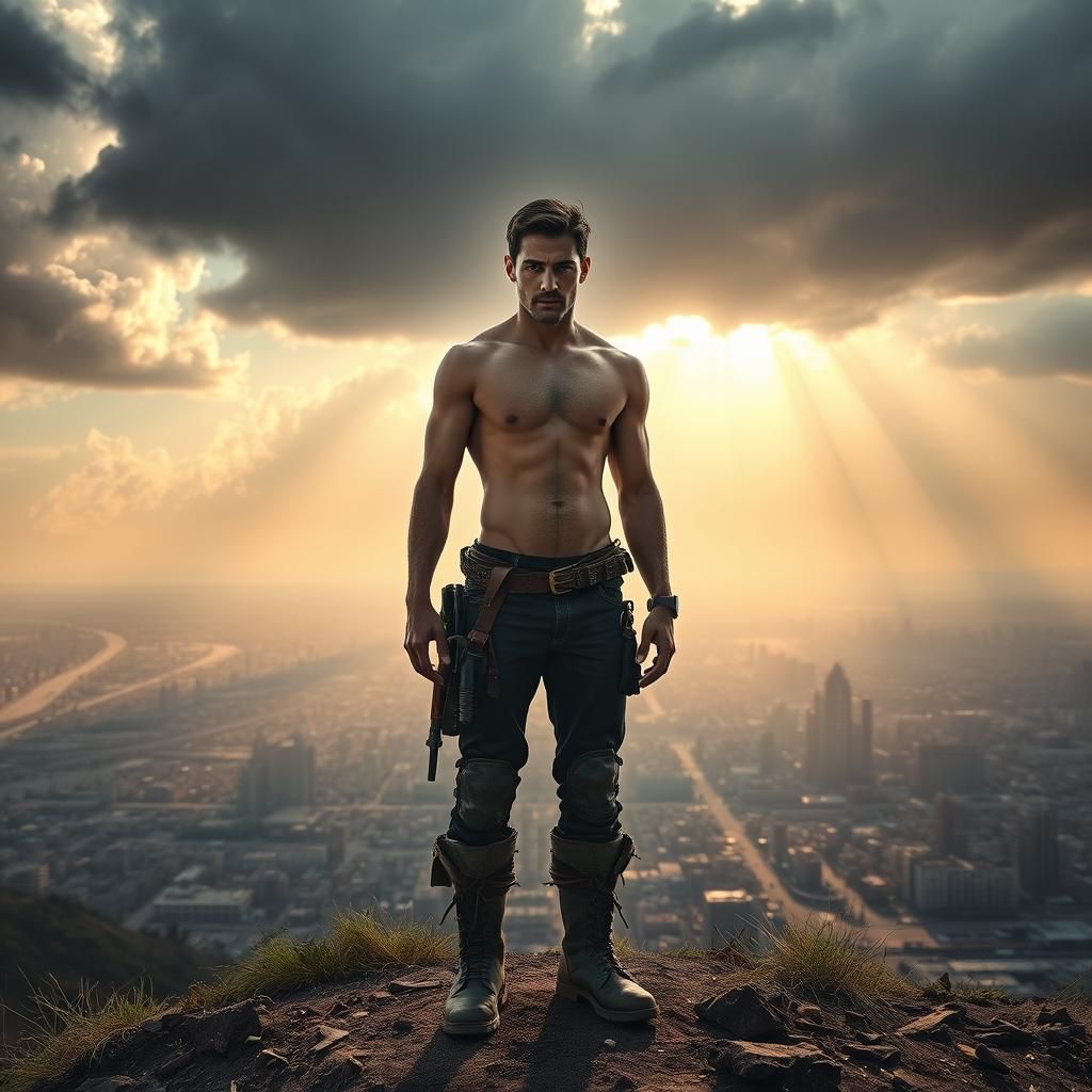 Post-Apocalyptic Man Overlooking Ruined City