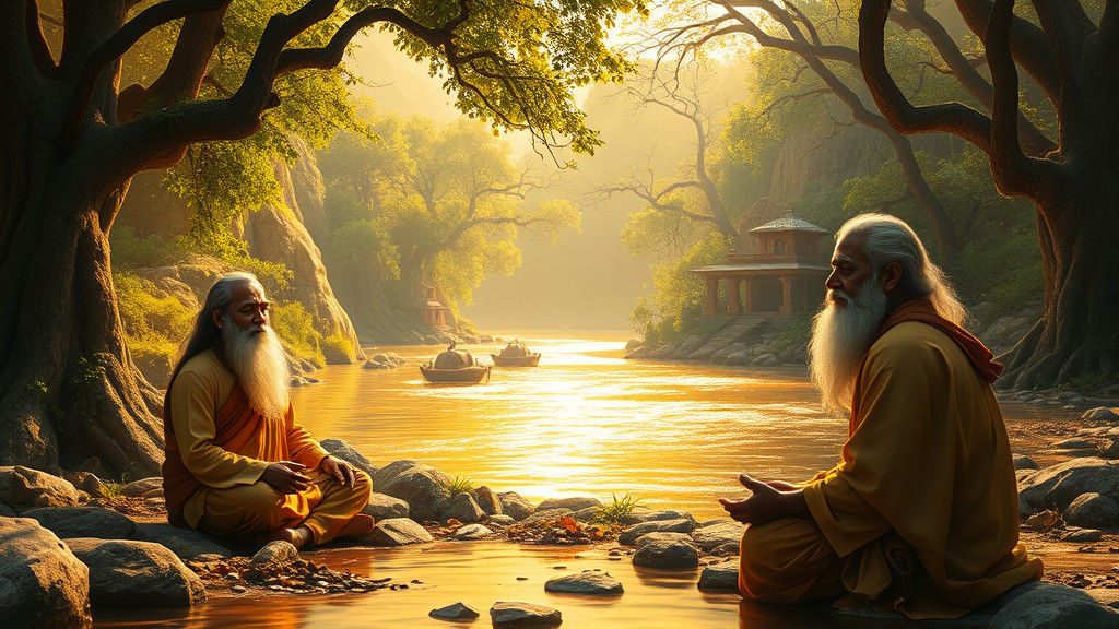 Mystical Rigveda Landscape: Sages Meditating by Saraswati Ri...