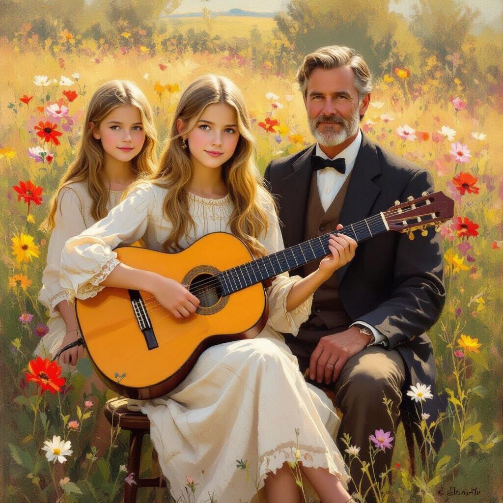 Girl Plays Guitar in Impressionist Meadow