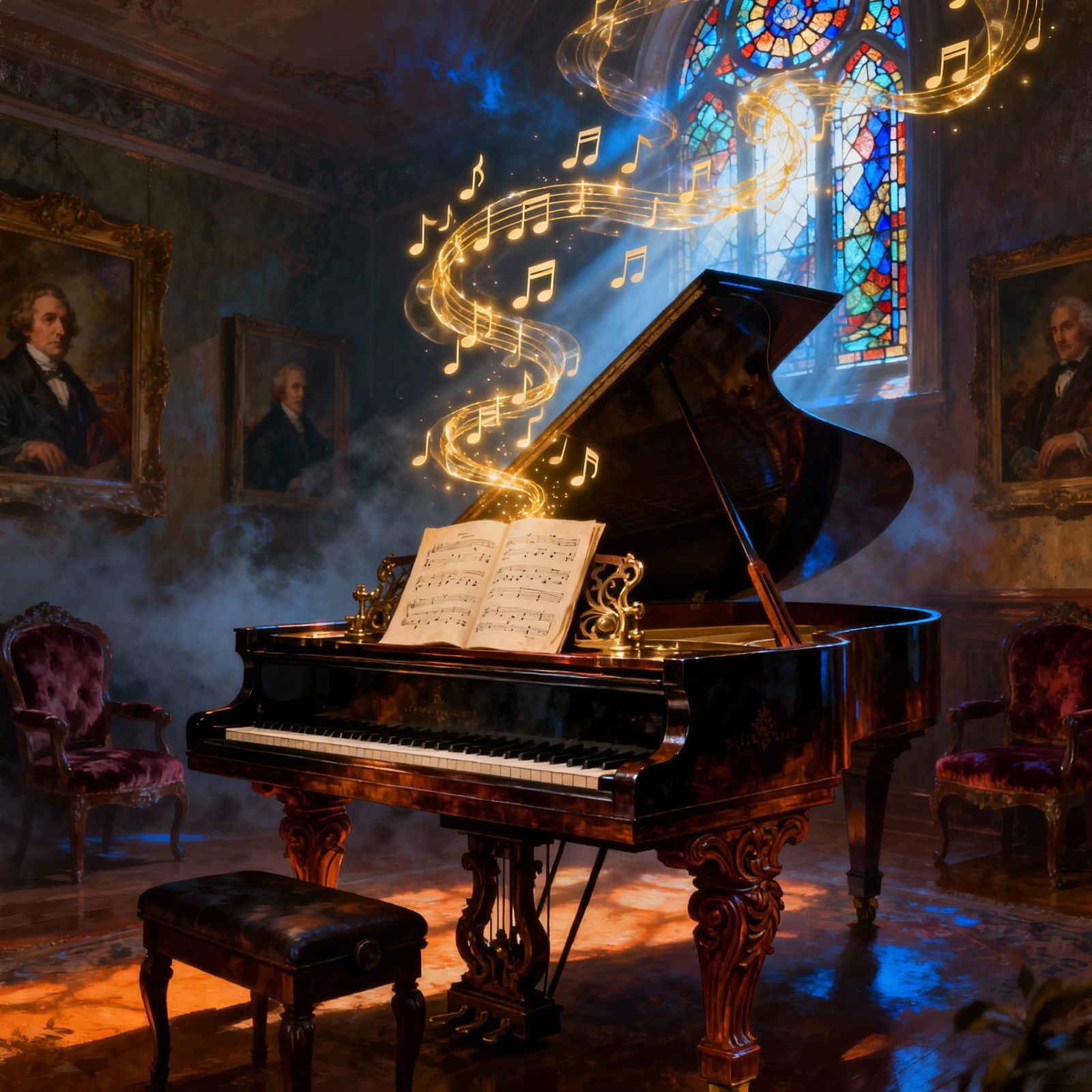 Sheet Music Floats Off Piano in Hyperrealistic Vintage Room