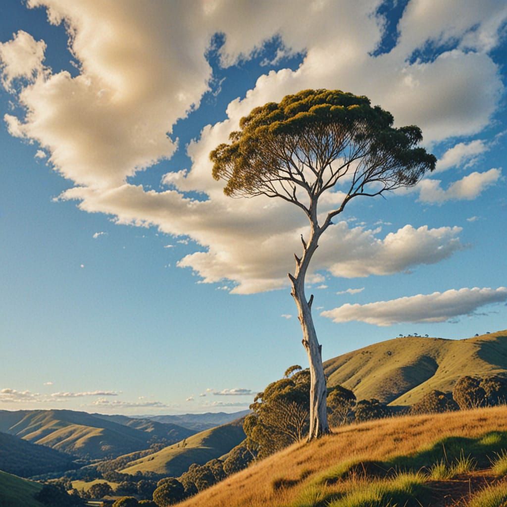 Gum Tree Overlooking Green Hills in Oil Painting Style