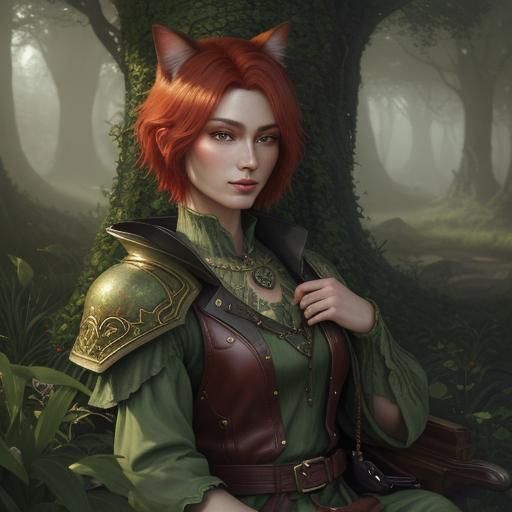 Anthro Cat Portrait in Lush Forest, 3D Digital Art