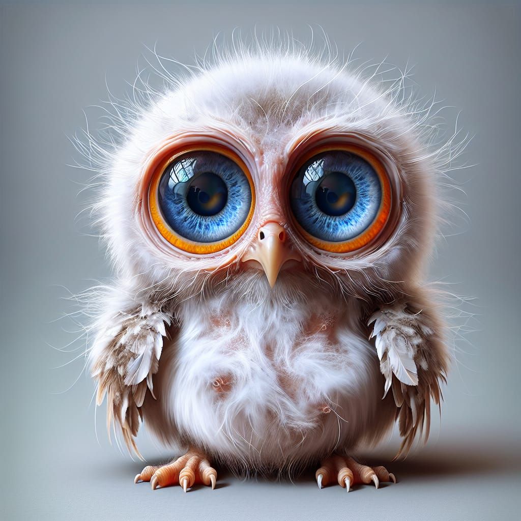 an adorablly ugly baby owl with thin white fluff and no feathers and enormous orange blue ringed eyes and ting bald wing...