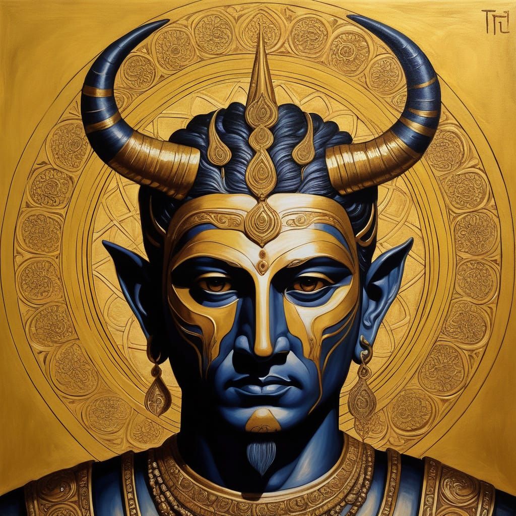 Majestic Golden Horned Goddess in Tempera Art