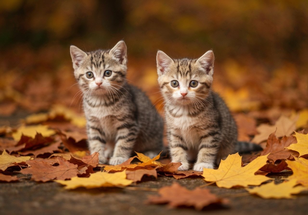 Photorealistic Cute Kittens Among Autumn Leaves
