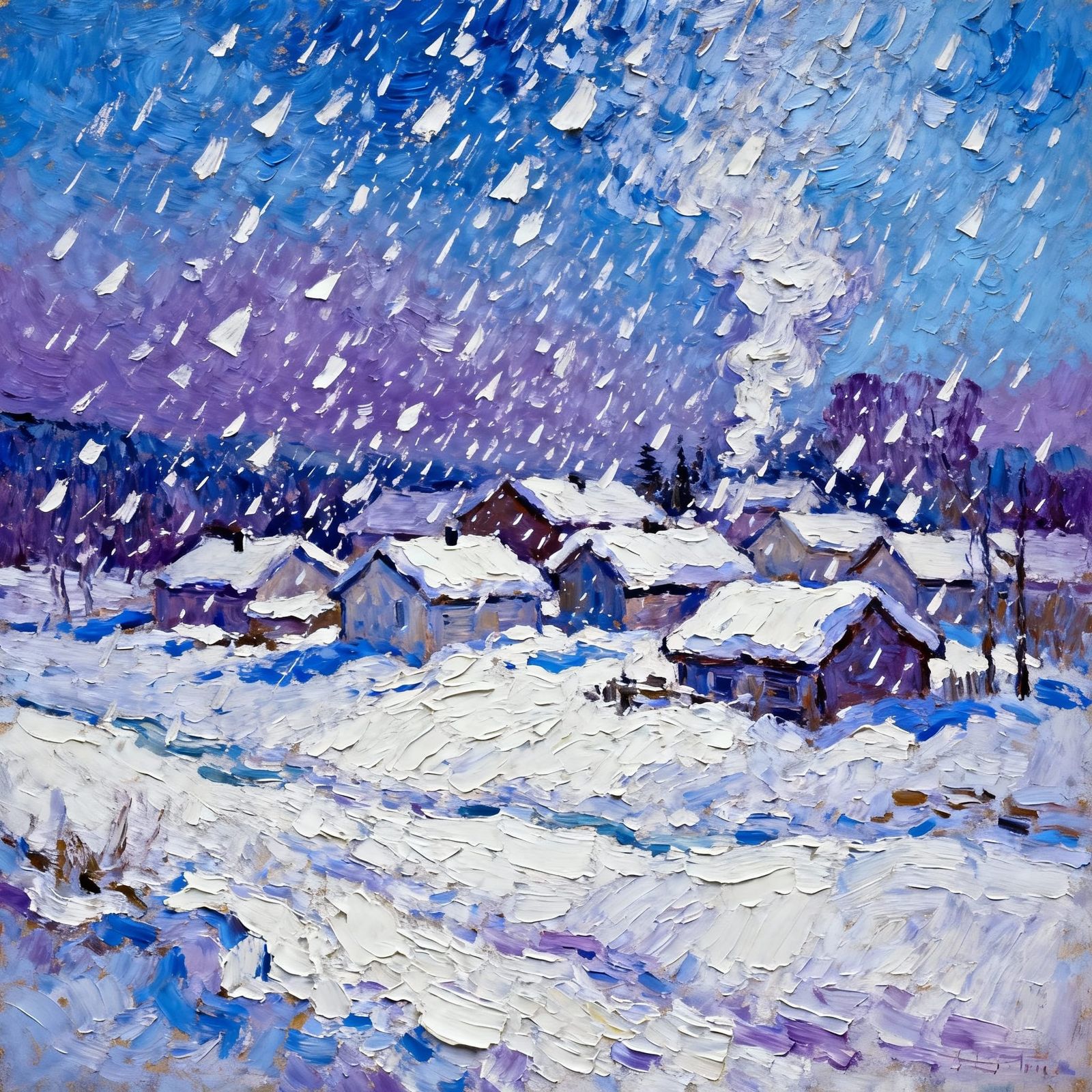 Impasto Snowfall: Remote Town Painting