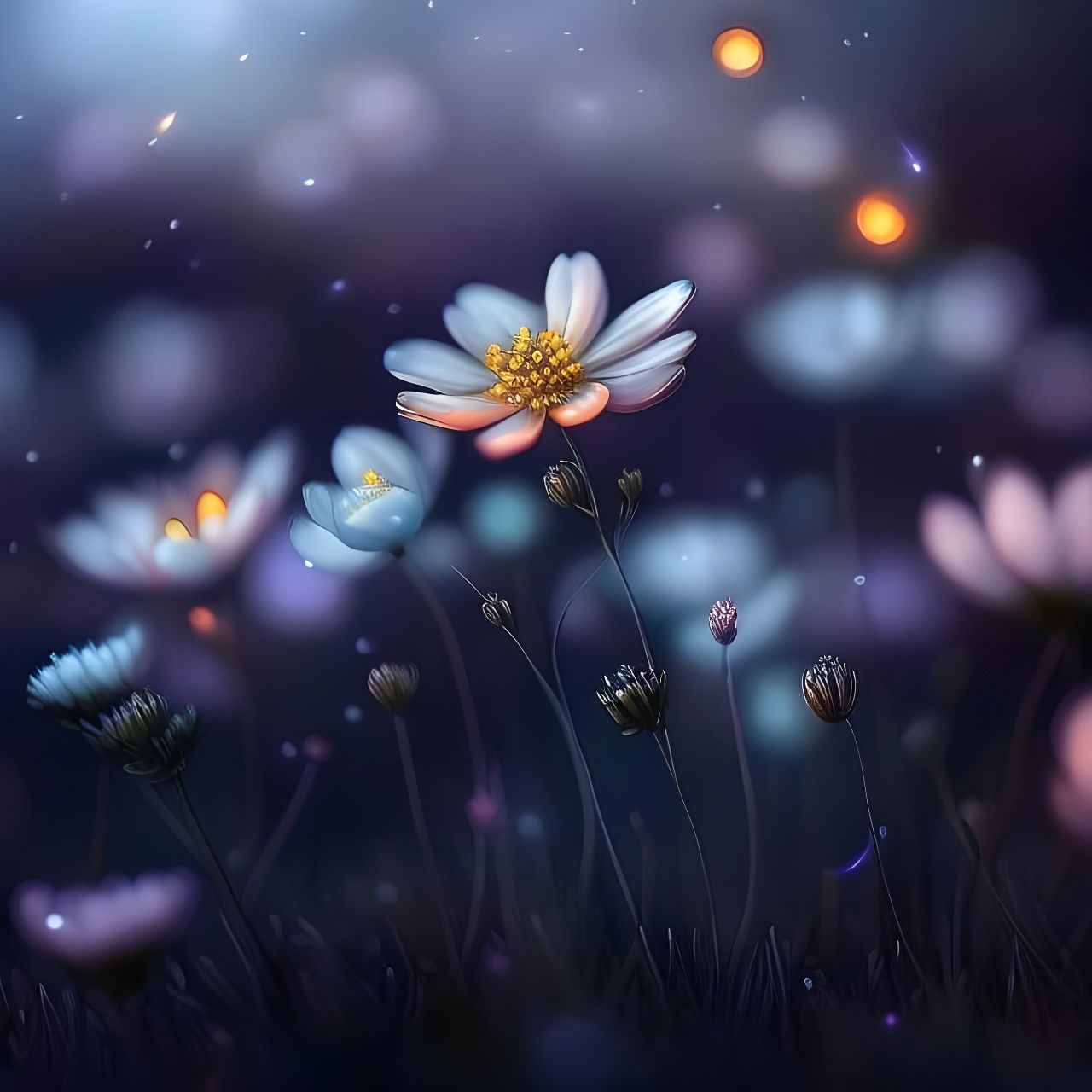 Glowing Flowers at Night Under Luminous Stars