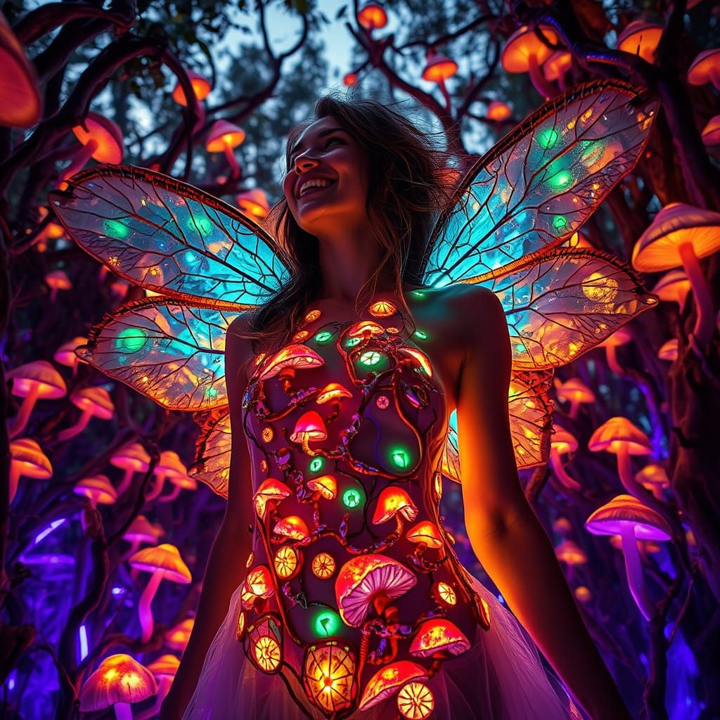 Woman in Mushroom Mycelium Wings, Amidst Labyrinth of Light ...