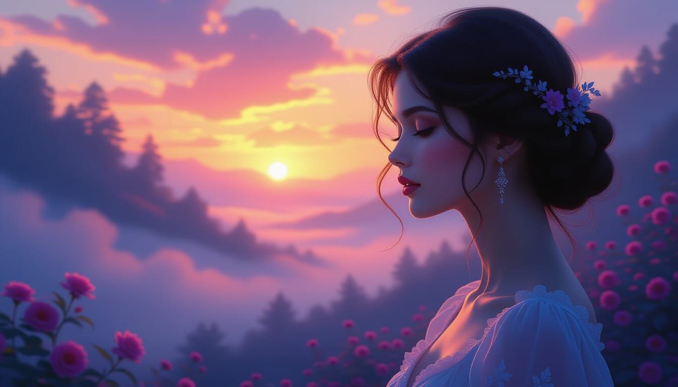 Ethereal Fantasy Landscape at Dusk with Serene Face