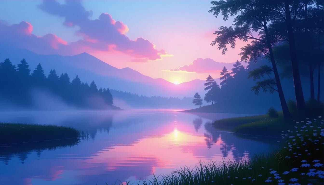 Ethereal Evening Landscape with Luminous Flutes