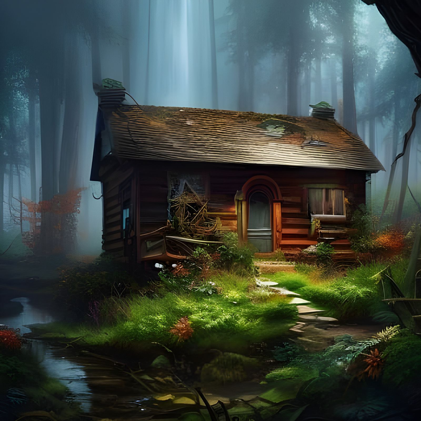 Ruined Cottage in Forest: Detailed Surreal Horror Art