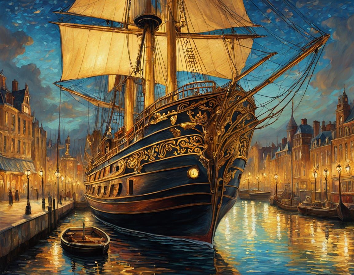 Majestic Sailing Ship in Opulent Victorian Port