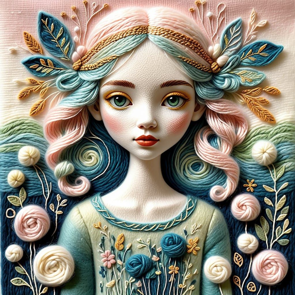 Whimsical fairytale illustration of Felted wool and yarn det...