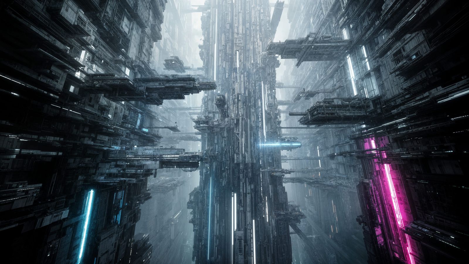 Immense Cyberpunk Megastructure in Cold Blue Light