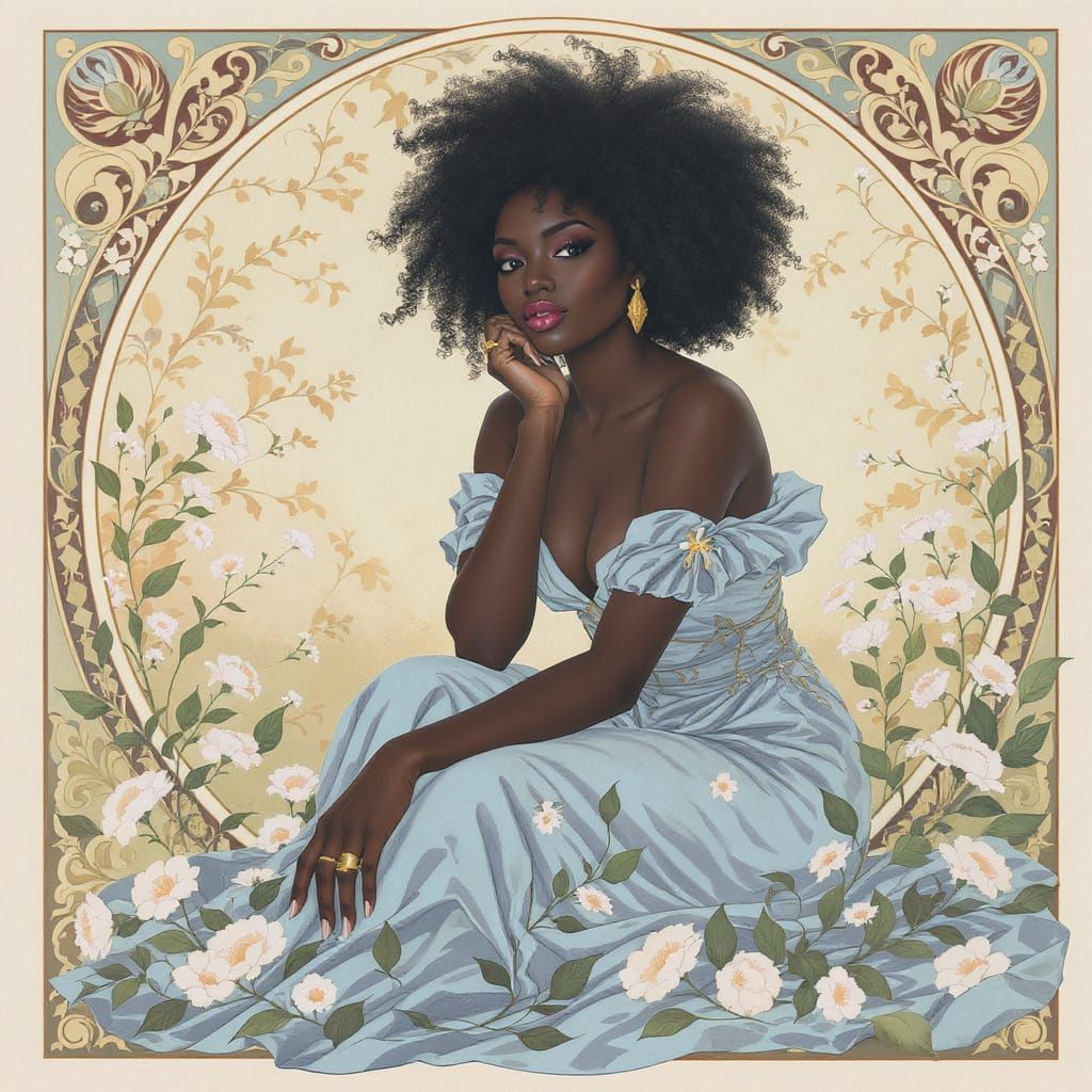 Art Nouveau Portrait: Woman in Blue Dress Amidst Flowers