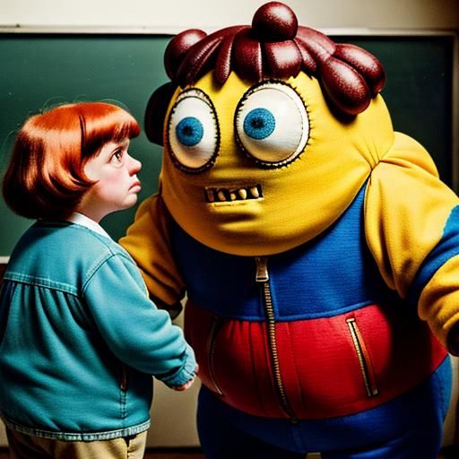 Vintage Photo of Plush Monster Scolded by Teacher