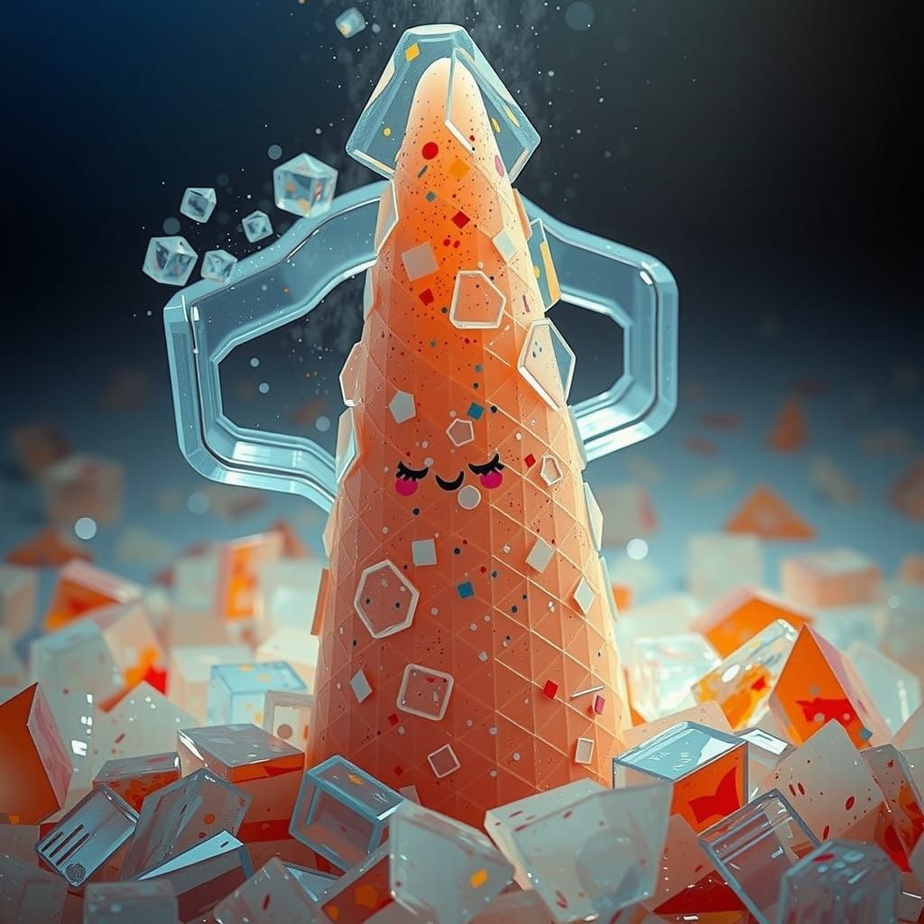 Crumbling Glass Cone with Gold Flakes in Golden Hour Light