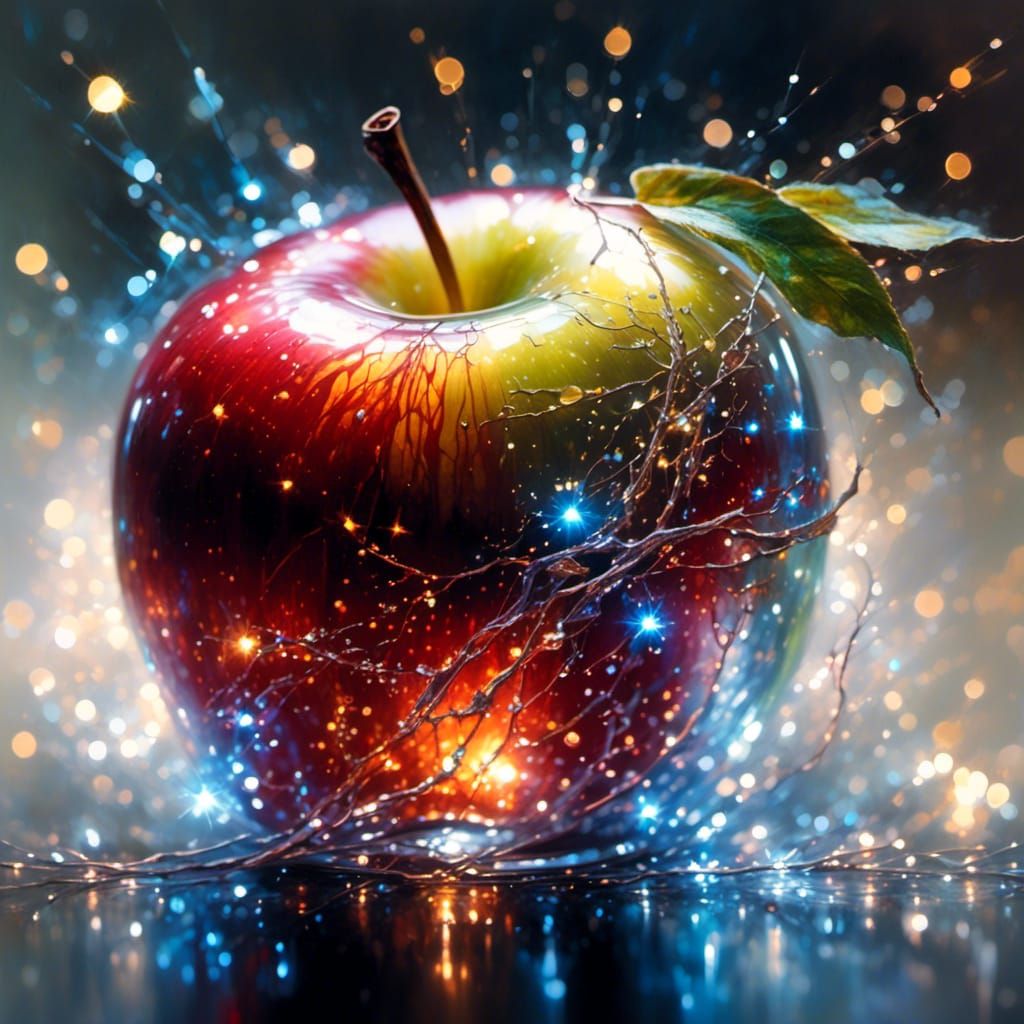 Glass Apple with Bokeh Lights in Fantasy Ink Drawing