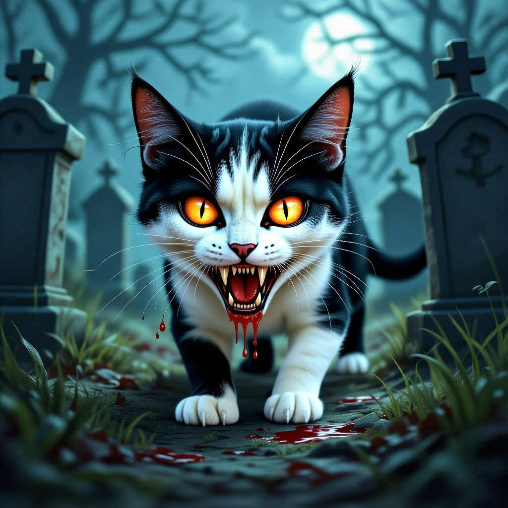 Terrifying Vampire Cat Creeping Through Graveyard