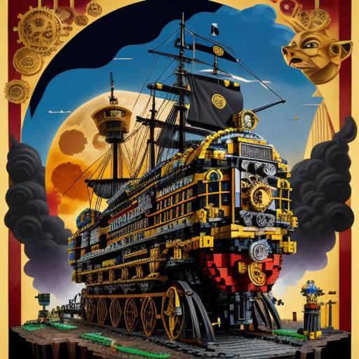 Lego Lion in Colorful Eclipse, Woodcut Style