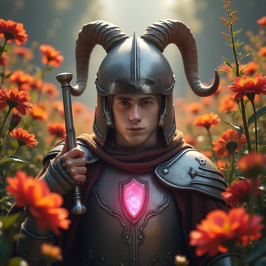 Young Medieval Warrior with Glowing Stone, Digital Art