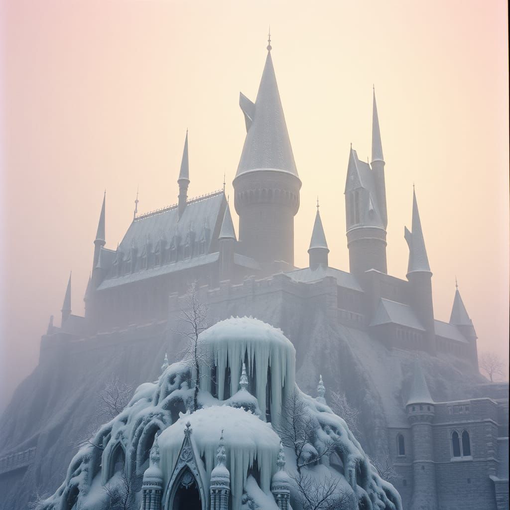 Icy Hogwarts Castle in Winter Dawn