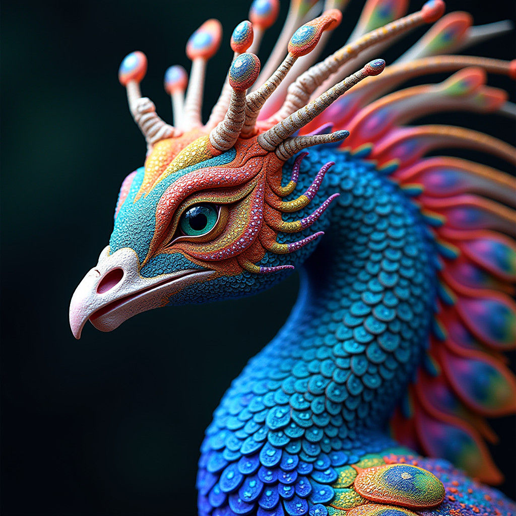 Dragon-Peacock-Seahorse Hybrid in Psychedelic Pointillism