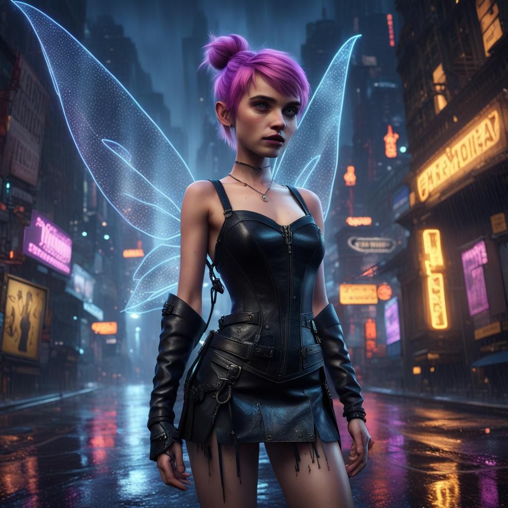 Gothic Tinkerbell in Rainy Cyberpunk Cityscape