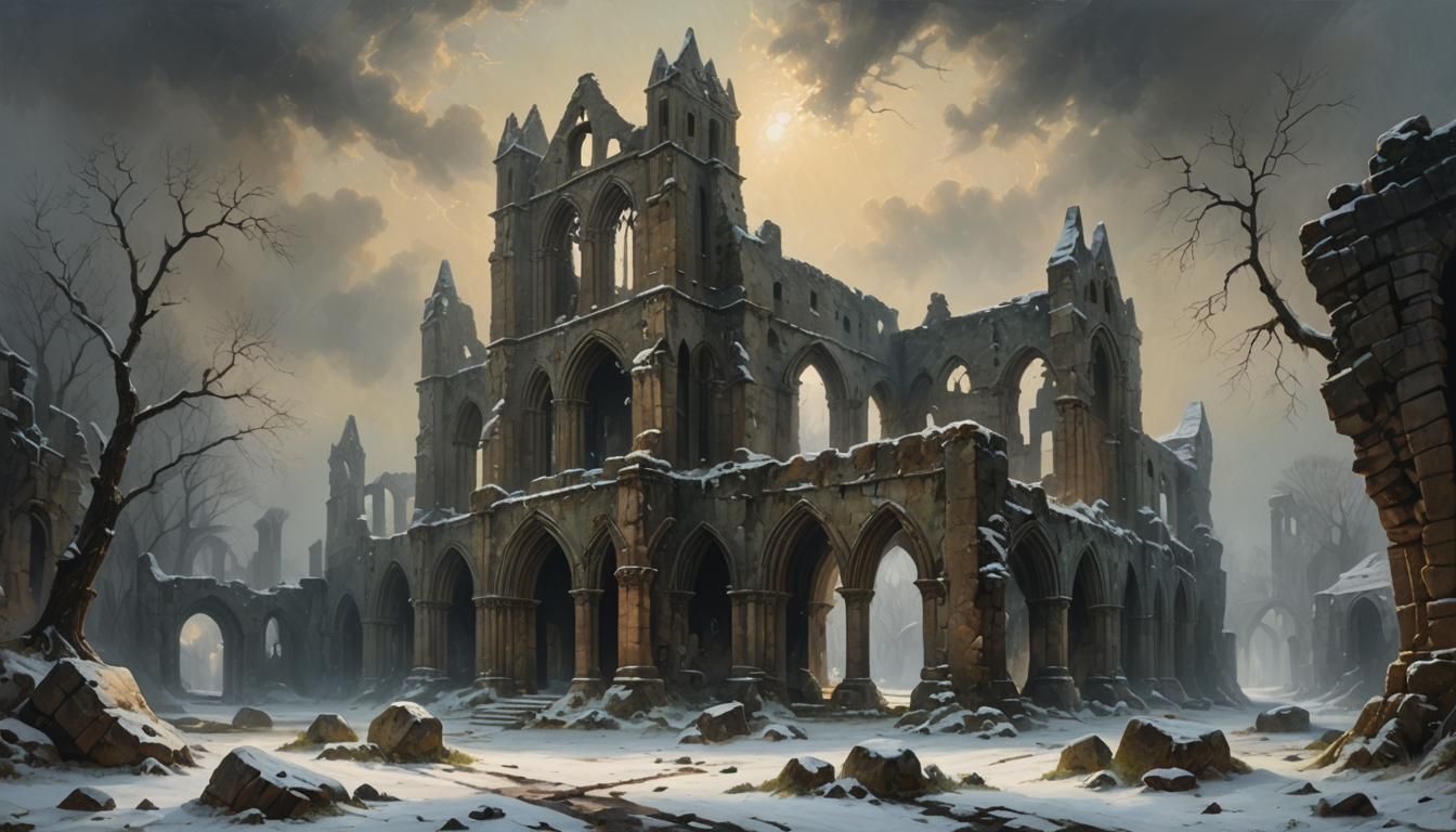 Winter Abbey Ruins: Romantic Oil Painting Landscape