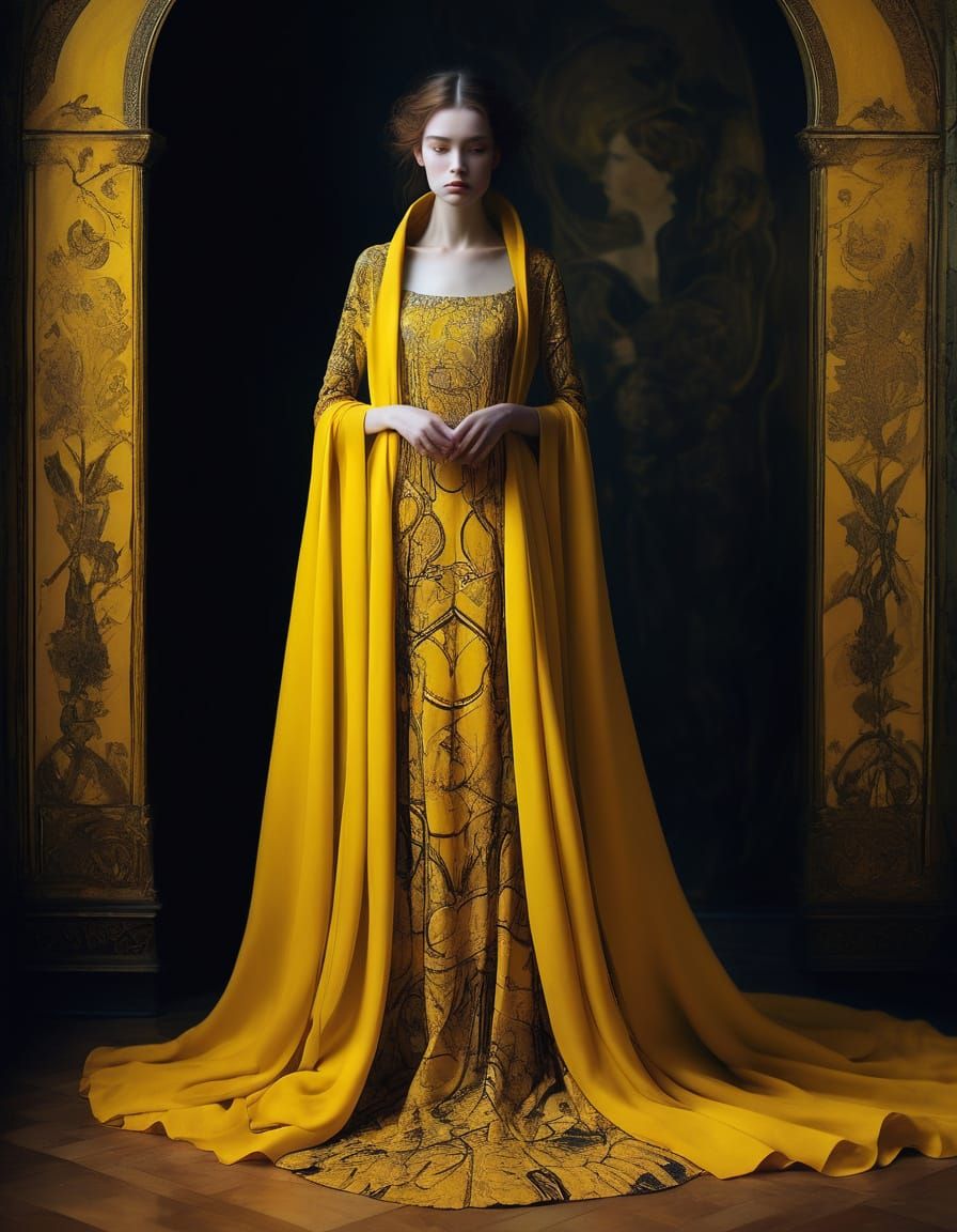Ethereal Woman in Golden Art Nouveau Gown