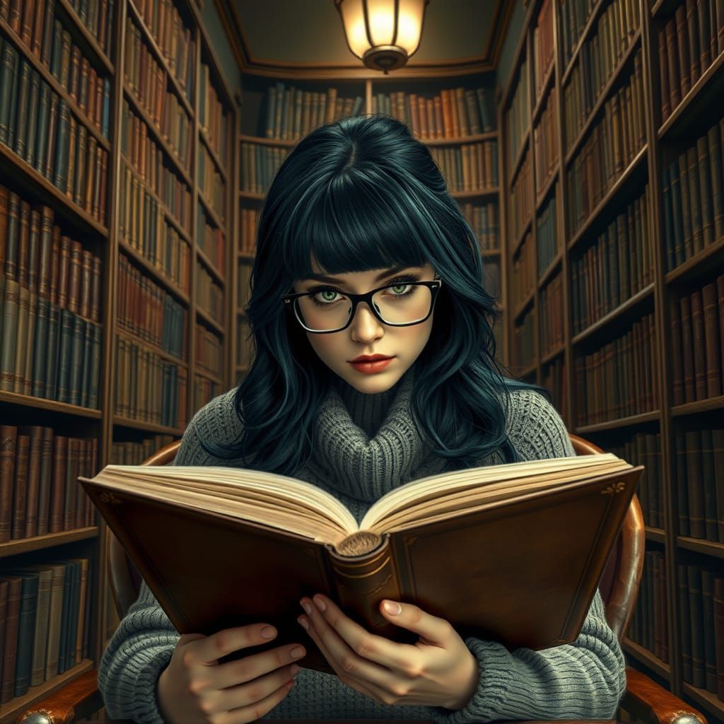 Woman Reading in Library, Art Nouveau Style